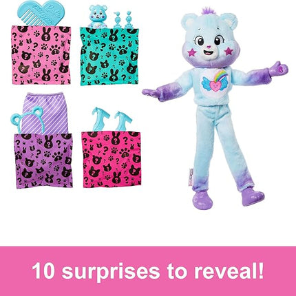 Barbie Cutie Reveal Care Bears Doll & Accessories, Series 2 Dream Bright Bear with 10 Surprises Including Color Change & Mini Bear