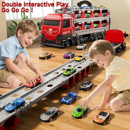 Toy Truck for 3 4 5 6 Years Old Kids Boys | 78-Inch Race Track Transport Vehicle & 12 Die-Cast Metal Toy Cars | Toddler Truck Car Toys Set Gifts for Age 3-12 Years Old Kids Boy
