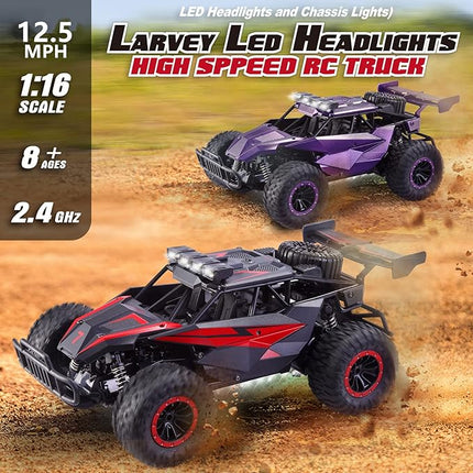1:16 Scale Remote Control Car, 20 Km/h High Speed Remote Control Truck Off Road RC Monster Vehicle with LED Headlights and Chassis Lights, Electric Toy for Boys Kids and Adults