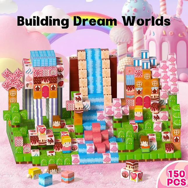 150Pcs Magnetic Building Blocks,Magnetic Cubes Pink Princess Set for Kids Age 3+ Girls Stacking Building for Kids Magent Blocks Constrcution Preschool Learning Toys Birthday Gifts