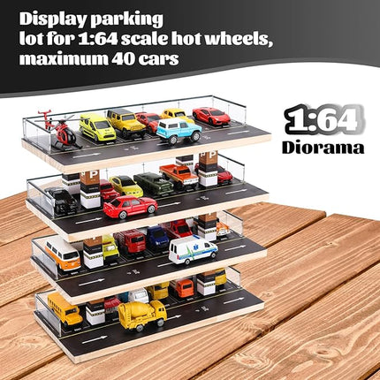 Display Case for Hot Wheels & Matchbox, 1/64 Scale Diecast Toy Car Storage, Parking Garage Diorama - Freestanding Storage with 4 Levels 24 Spots Maximum 40 Cars