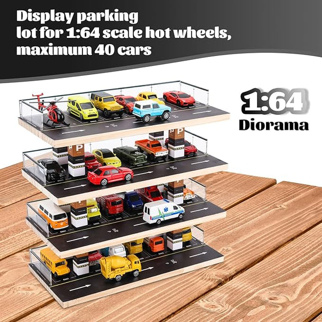 Display Case for Hot Wheels & Matchbox, 1/64 Scale Diecast Toy Car Storage, Parking Garage Diorama - Freestanding Storage with 4 Levels 24 Spots Maximum 40 Cars