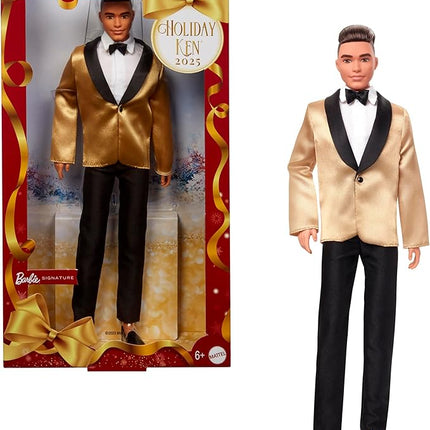 Barbie Signature 2025 Holiday Light Brown Hair Ken Collectible Fashion Doll Wearing Full Suit with Golden Jacket in Displayable Packaging & Doll Stand