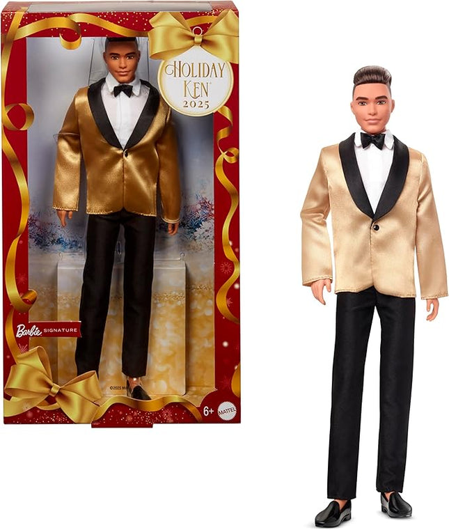 Barbie Signature 2025 Holiday Light Brown Hair Ken Collectible Fashion Doll Wearing Full Suit with Golden Jacket in Displayable Packaging & Doll Stand