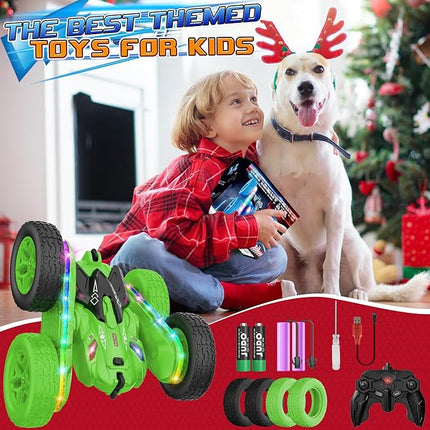Remote Control Car,RC Cars with sides light strip and Headlights,Double Sided 360 Flips Rotating RC Stunt Car,2.4Ghz All Terrain Toys for Ages 4-6 Kids Toy for Boys Girls Birthday Gift(Green)