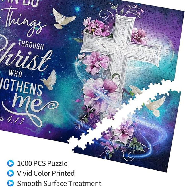 Christian Jigsaw Puzzles 1000 Pieces for Adults, Shining Cross & Philippians 4:13 Bible Verse, Uplifting Religious Wooden Puzzle, Faith-Based Gift