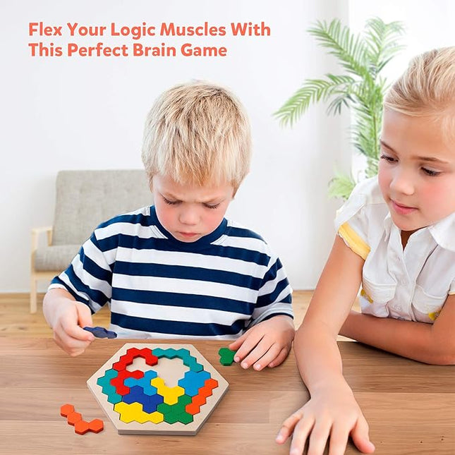 Coogam Wooden Hexagon Puzzle for Kid Adults - Shape Pattern Block Tangram Brain Teaser Toy Geometry Logic IQ Game STEM Montessori Educational Gift for All Ages Challenge