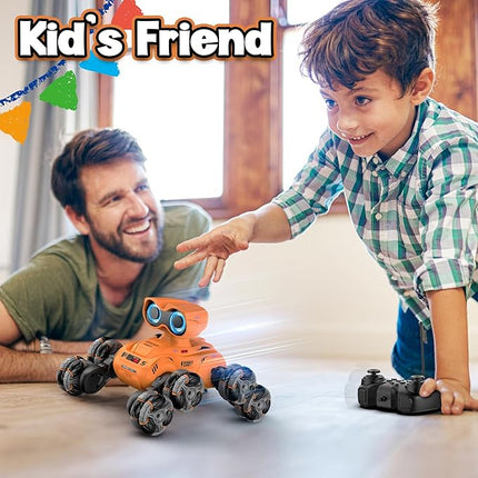 Robot Toy, 8 Wheels Stunt Robot Toys with 2.4Ghz, Auto-Demonstration, 360° Rotation, LED Eyes，Easy Kid-Friendly Controls for Indoor/Outdoor Play, Gifts and Toys for Kids Aged 8-13, Orange