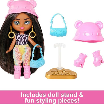 Barbie Extra Mini Minis Travel Doll with Brunette Hair, Zebra-Print Hoodie, Leopard-Print Joggers & Safari Accessories, 3.25-inch
