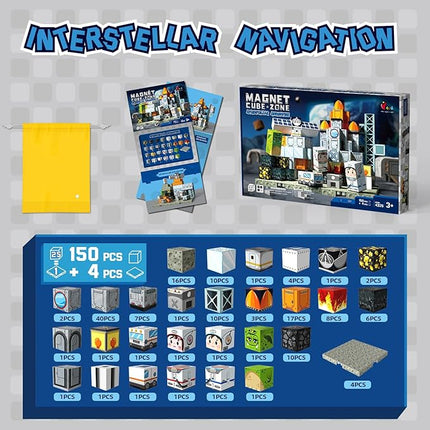 Magnetic Blocks 150 Pieces with 4 Magnet Base Plates for Kids, Magnetic Tiles 3D Sensory Construction Building Space Rocket, Magnet Cubes Stacking Toys Games for Toddlers Boys Girls Ages 3+