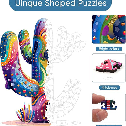 delobil Colorful Cactus Wooden Puzzles, 300 Pieces Jigsaw Puzzles 12.2'' x15.4'', Unique Design Liberty Wooden Puzzles for Adults and Kids, Family Game Gift Royal Size