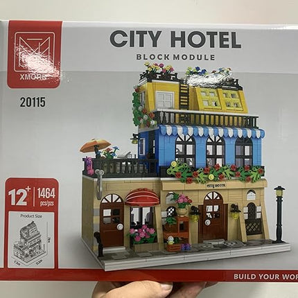 City Hotel Architecture Building Kit with Lights,3 Levels Garden Hotel Model Building Blocks Toy,for 12+Age Teen,Adult（1464 Pieces）