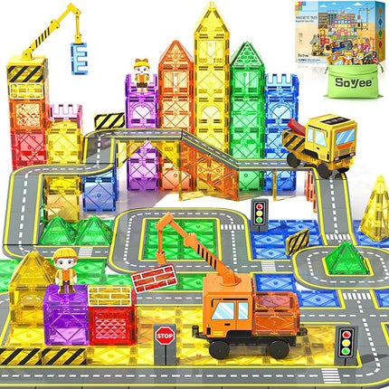 102 PCS Magnetic Tiles with 2 Cars & 2 Cranes Magnet Construction Building Kids Toys for Creative Play and STEM Learning Boys Toys & Gifts for 3-12
