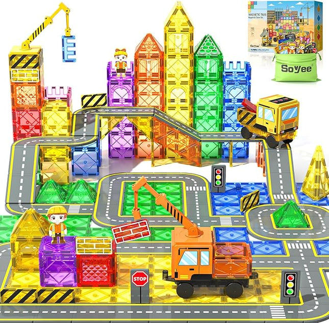 102 PCS Magnetic Tiles with 2 Cars & 2 Cranes Magnet Construction Building Kids Toys for Creative Play and STEM Learning Boys Toys & Gifts for 3-12