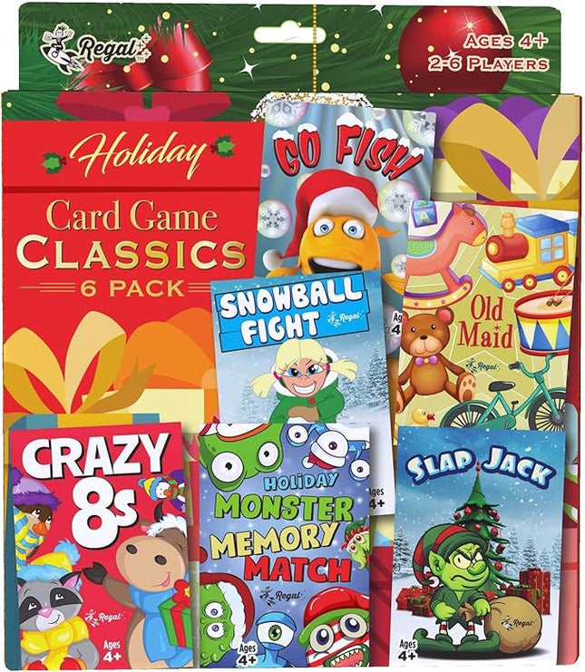 Regal Games Card Games for Kids - Go Fish, Crazy 8's, Old Maid, Slap Jack, Monster Memory Match, Snowball Fight - Holiday-Themed, Simple & Fun Classic Family Table Games - Games May Vary (6 Set)