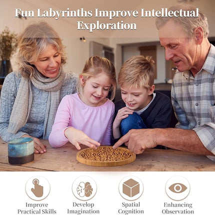 Round Wooden Labyrinth Board Game - Marble Maze for Education and Fun, Toddler Activity Board, Brain Teaser Puzzle Logic Game with Two Metal Balls for Kids, Adults, Teens, Boys, and Girls