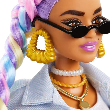 Barbie Extra Doll & Accessories with Rainbow Braids in Long-Fringe Denim Jacket with Pet Puppy and Car for Pet