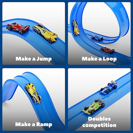 15 Ft Flexible Race Car Track for Kids, Double-Sided Racetrack with Suction Cups, Compatible with Hot Wheels & 1:64 Diecast Cars,Portable Roll Up Track Toy,Gift for Boys Girls Ages 3+ (Blue)