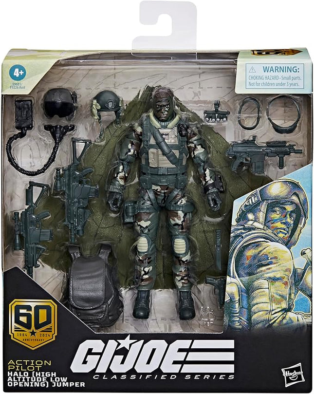 G.I. Joe Classified Series 60th Anniversary Action Pilot - Halo (High Altitude Low Opening) Jumper, 6 Inch Action Figure with Parachute & 18 Accessories