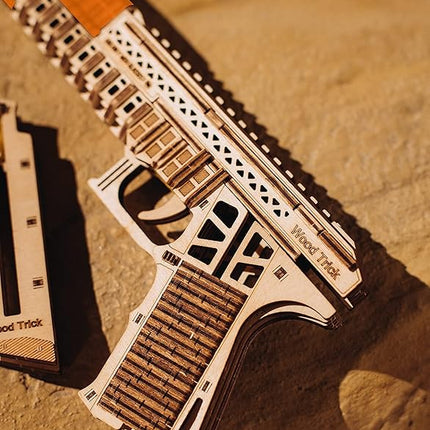 Wood Trick Defenders Gun 3D Wooden Puzzles for Adults to Build - Shoots up to 13 ft - 2 Clips - 9x5 in - Wooden Model Kits for Adults - 14+