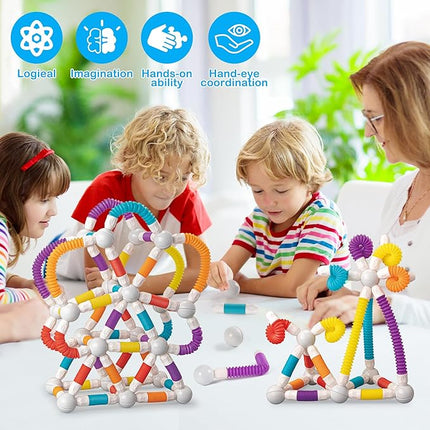 Magnetic Building Blocks Construction Set, 66 Pieces, Educational STEM Toy with Flexible Tubes and Connectors (66PCS)