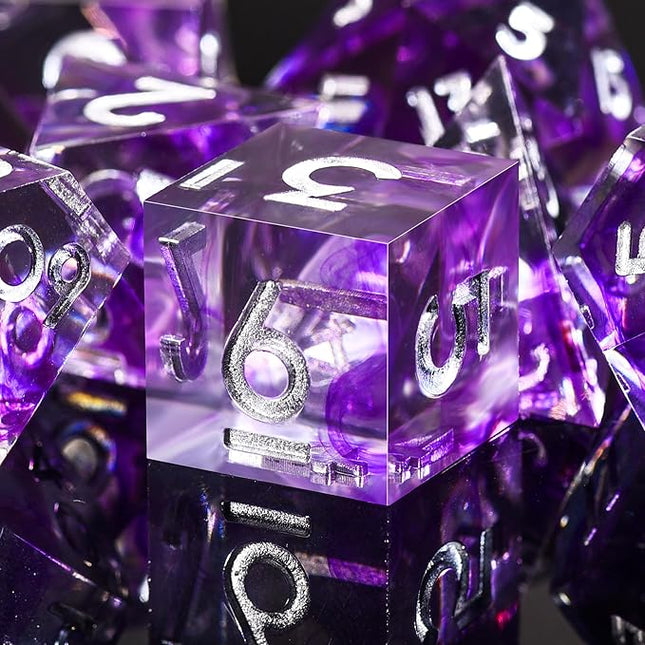 AUSTOR 7-Die DND Dice Set Handmade Sharp Edge Polyhedral Dice for Dungeons and Dragons D&D RPG MTG Table Games (Black & Violet, Silver)