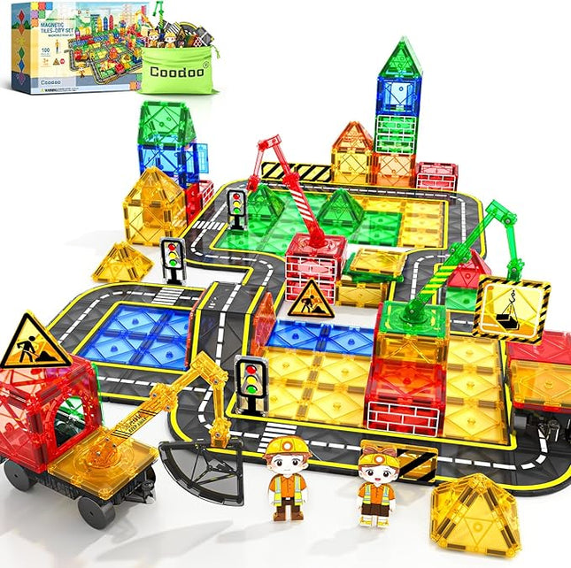 100 PCS Magnetic Tiles Road Set with 3 Cranes & 2 Cars - Magnetic Blocks City Construction Building Toys for 3+ Year Old Boys Girls Ideal Preschool Learning Outdoor Creative Toddler Kids Toys