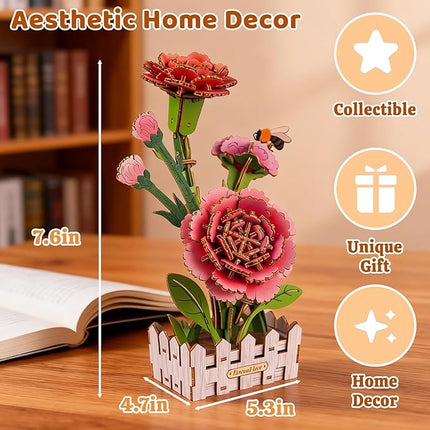 3D Wooden Flower Puzzles for Adults Carnation, DIY Artificial Flower Building Set Wooden Bloom Craft Kits Home Decoration, for Women Mom Birthday Thanksgiving Christmas Valentine's Day