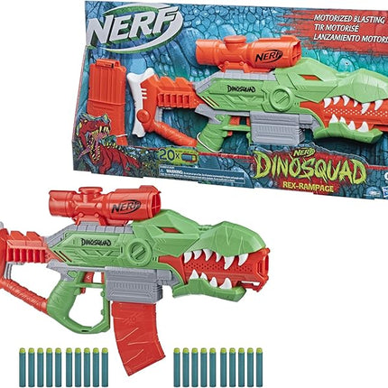 Nerf DinoSquad Rex-Rampage Motorized Dart Blaster, 10-Dart Clip, 20 Official Darts, 10-Dart Storage- T-Rex Dinosaur Design, Red