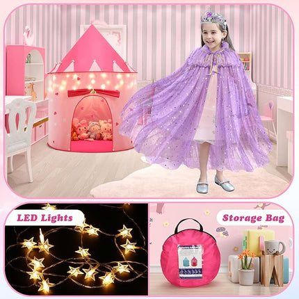 WTOR 15Pcs Princess Castle Play Tent Dress Up with LED Glow in The Dark Stars for Little Girls－Princess Dress Up Cape with Crown,Girl Play Tent/House Toy for Indoor & Outdoor Use (Purple)