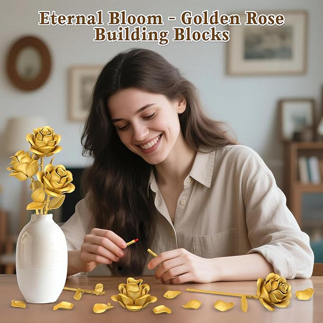 Gold Roses Flower Building Set - 3 Roses Bouquet Botanical Building Blocks for Adult, Home Decor Romantic Anniversary Valentine's Day Gift for Her, Wife, Girlfriend, Mom