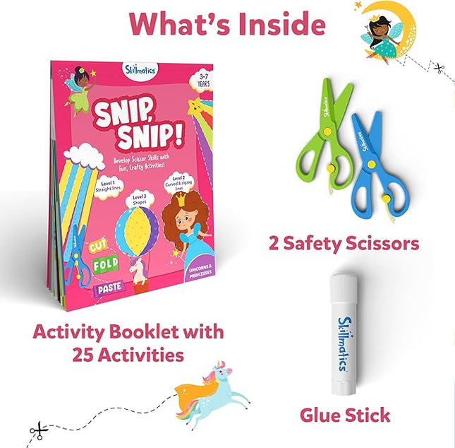 Skillmatics Scissor Skills Activity Book - Snip Snip, 25 Fun Cutting & Creative Activities for Preschoolers, 2 Child-Safe Scissors, Fine Motor Skills, Felt Craft Kit, Gifts for Kids Ages 3, 4, 5, 6, 7