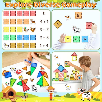 Magnetic Tiles with Farm Animals, Magnetic Blocks Building Toys for 3+ Year Old Toddler, Construction STEM Magnet Toys Gift for Kids, Boys and Girls 3 4 5 6 7 8+ Year Old