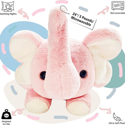 uoozii 24" | 5 Pounds Pink Elephant Weighted Stuffed Animals with Unscented Microwavable Heating Pad, Cute Coolable Heatable Weighted Plush Warm Gift for Kids & Adults