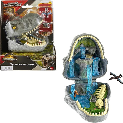 Mattel Jurassic World Rebirth Micro Adventure Playset, Tyrannosaurus Rex Head Opens to 4 Interactive Features, 3 Micro Figures, T. Rex Dinosaur Toy