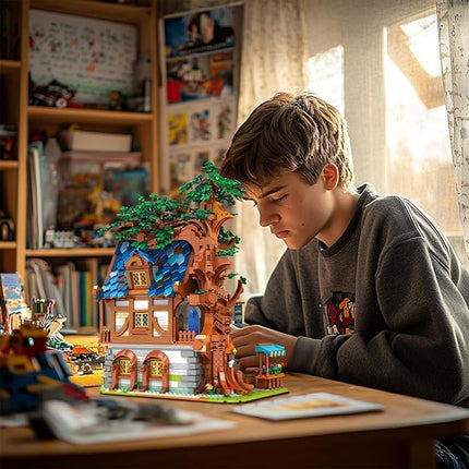 Reobrix Medieval Tree House Lighting Building Block Set, Collectible Architecture Display or Home Office Decor, European Creative Construction Building Kits 66008, Gifts for Adults, Teens 14+