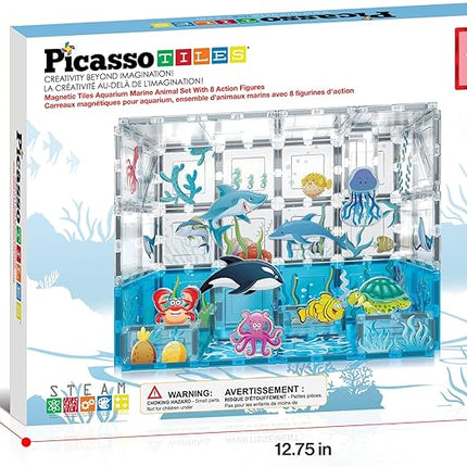 PicassoTiles Magnet Tiles Magnetic Building Blocks Aquarium Marine Animal Theme Set with 8 Character Action Figures Shark Crab Turtle STEM Toys Construction Preschool Toddlers Kids Boys Girls 3+ PTQ15