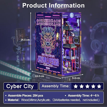 Tonecheer DIY Book Nook Kit for Adults, Wooden 3D Puzzle Bookend Bookshelf Insert Decor, Cyber Punk Booknook Miniature House Kit with Dust Cover and Body Motion Sensor LED (Cyber City)