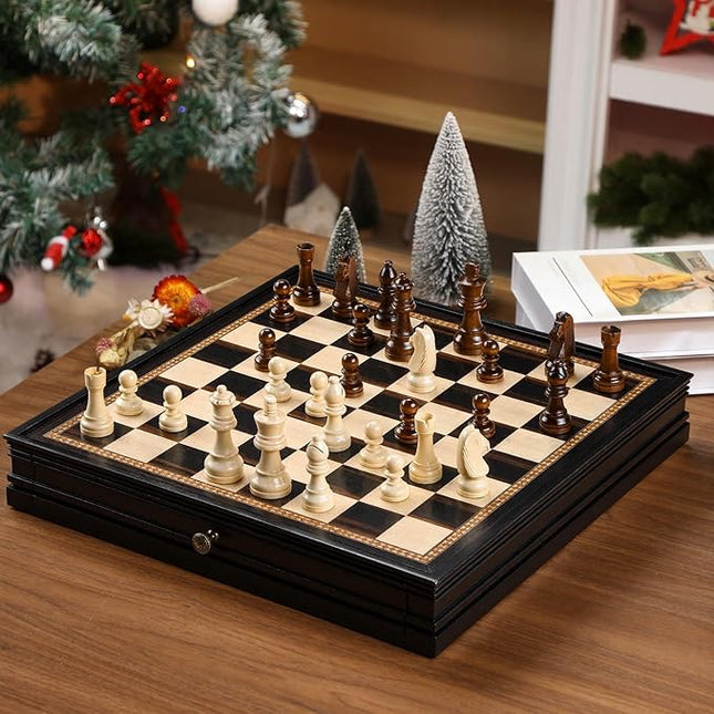 Peradix Magnetic Chess Checkers Board Sets with 2 Built-in Storage Drawers,15" Classic 2 in 1 Wooden Games with 2 Extra Queens for Kids and Adults,Travel Portable Chess Game Set