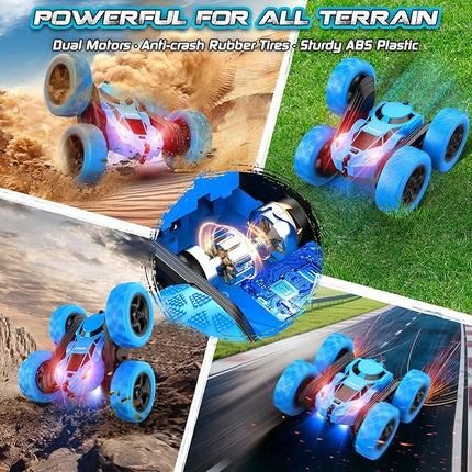 Remote Control Car, RC Cars Toys for Kids Ages 6-12, 4WD Stunt Car with LED Lights & 360° Flips, 2.4GHz, Upgraded USB-C Modular Batteries, 6-10 Year Old Boys Birthday Gift - Blue
