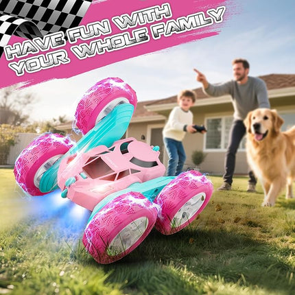 Pink Remote Control Car for Girls - RC Stunt Cars with 4WD Double-Sided Driving 360° Flips Rotating, Off Road Remote Car Outdoor Toys for Kids Age 6 7 8-12, Christmas Birthday Gifts