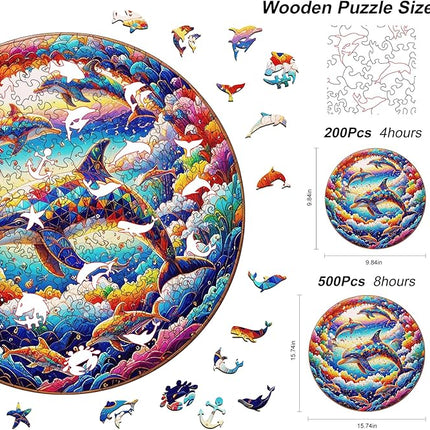 Wooden Puzzle for Adults – Unique Dolphin-Shaped Jigsaw, Colorful Ocean Animal Design Brain Teaser for Kid & Teen, 220 Pieces, 10"x10", Ships as Whole Puzzle Board, Gift-Ready Box, Fun Family Game