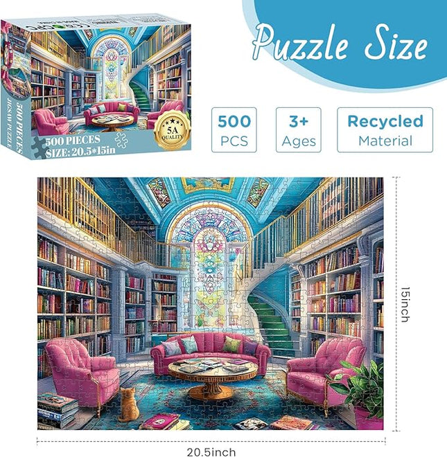 500 Piece Puzzle for Adults, Unique Bookstore Puzzles for Adults 500 Pieces, Colorful Library Bookshelf Jigsaw Puzzles 500 Pieces, Family Challenging Puzzle Game Great Gift Idea 20.5 * 15 in