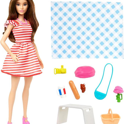Barbie Pink Passport Paris Doll Set With Clothes & Picnic Accessories, Includes Brunette Doll