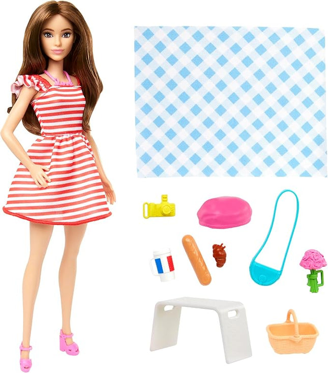 Barbie Pink Passport Paris Doll Set With Clothes & Picnic Accessories, Includes Brunette Doll