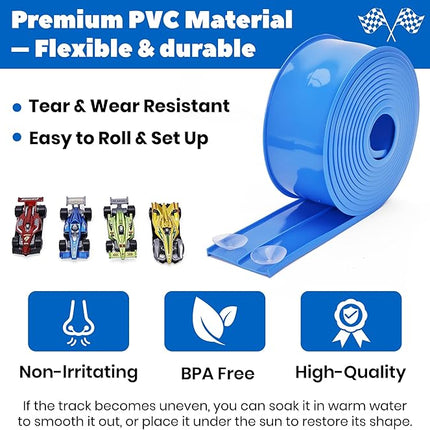 15 Ft Flexible Race Car Track for Kids, Double-Sided Racetrack with Suction Cups, Compatible with Hot Wheels & 1:64 Diecast Cars,Portable Roll Up Track Toy,Gift for Boys Girls Ages 3+ (Blue)