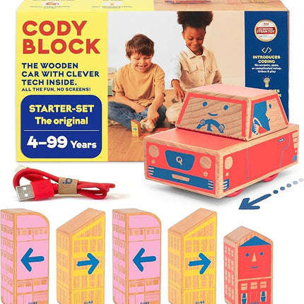 Cody Block Starter Set, Educational Wooden Building Blocks Coding and Car STEM Toys for Preschool Kids Ages 4+, Screen Free