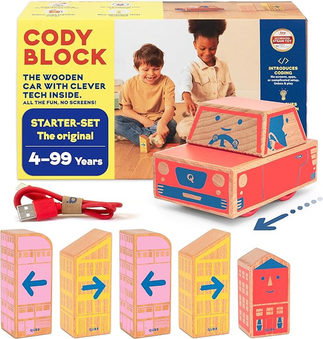 Cody Block Starter Set, Educational Wooden Building Blocks Coding and Car STEM Toys for Preschool Kids Ages 4+, Screen Free