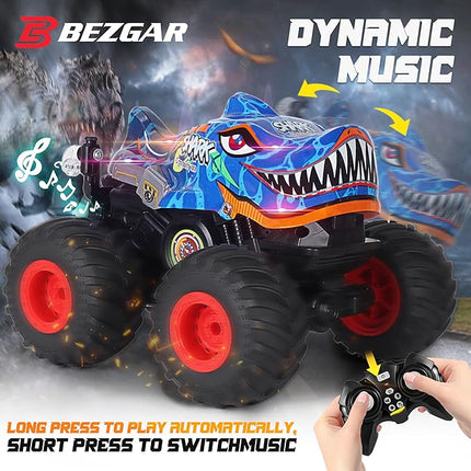 BEZGAR Monster Truck Toys - Remote Control Monster Truck with Light & Music, Dinosaur Truck for Kids, 1:20 Scale RC Truck with 360° Spins and Drifting, Remote Control Car for Boys 4-7 BlueShark