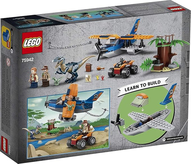 LEGO Jurassic World Velociraptor: Biplane Rescue Mission 75942, Dinosaur Toy for Preschool Kids, Featuring a Buildable Plane Toy, Posable Velociraptor, and Baby Raptor Delta (101 Pieces)